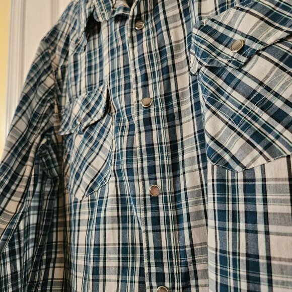 LeVI’S Western Shirt Mens Sz L Pearl Button Snaps Cowboy Blue Plaid Cotton Blend - Picture 2 of 8